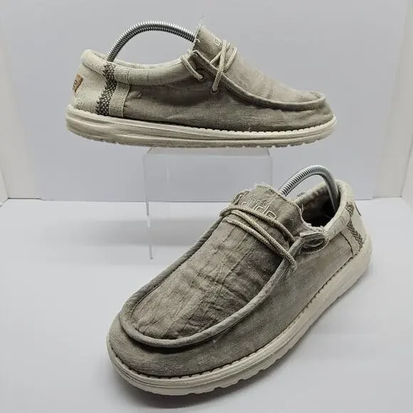 Hey Dude Wally Shoes Men’s Size 10 Natural Linen Khaki - Picture 1 of 8